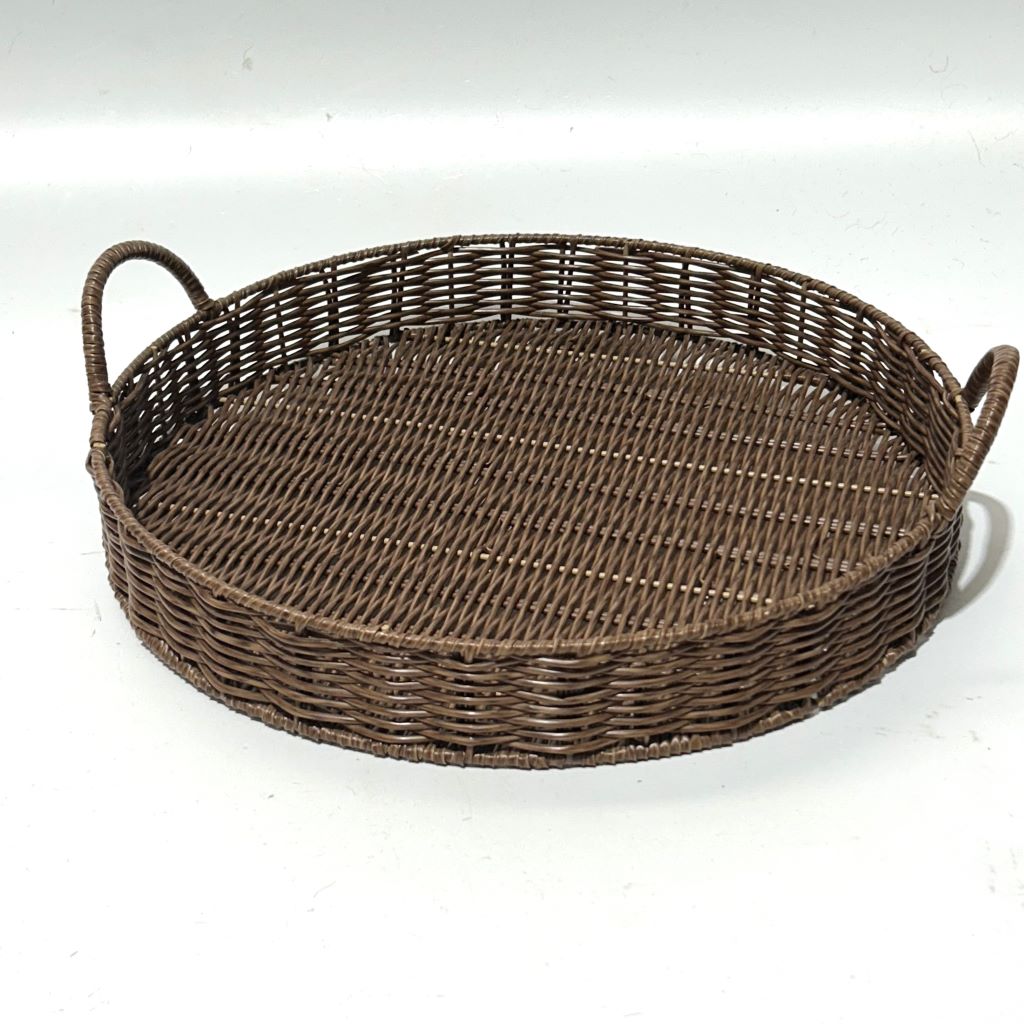 TRAY, Round Dark Woven w Handles 35cmD x 5cmH